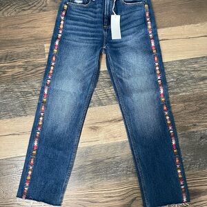Stylish Blue Jeans with Colorful Side Stripes